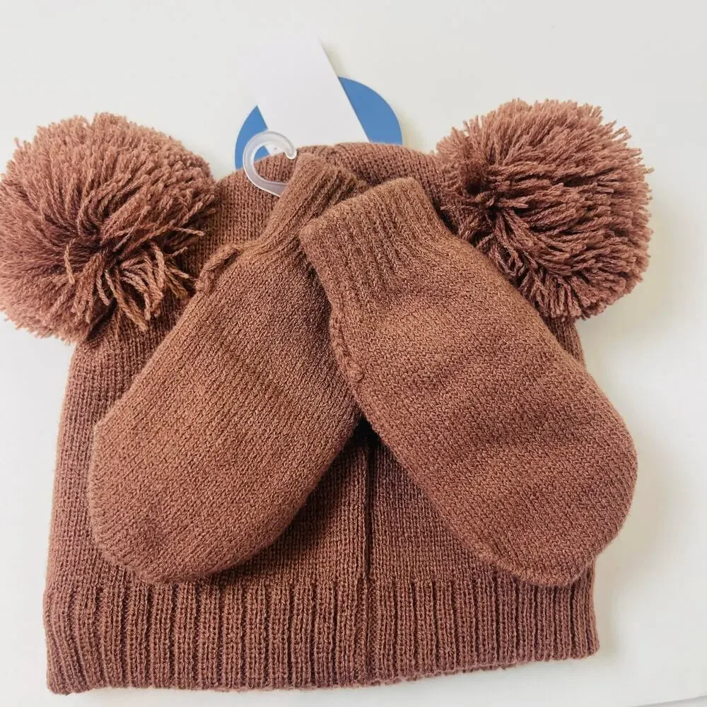 Snuggle Buds Infant Hat & Thumbless Mitten‎ Set Knitted Cute Baby Bear Hat 0-12m